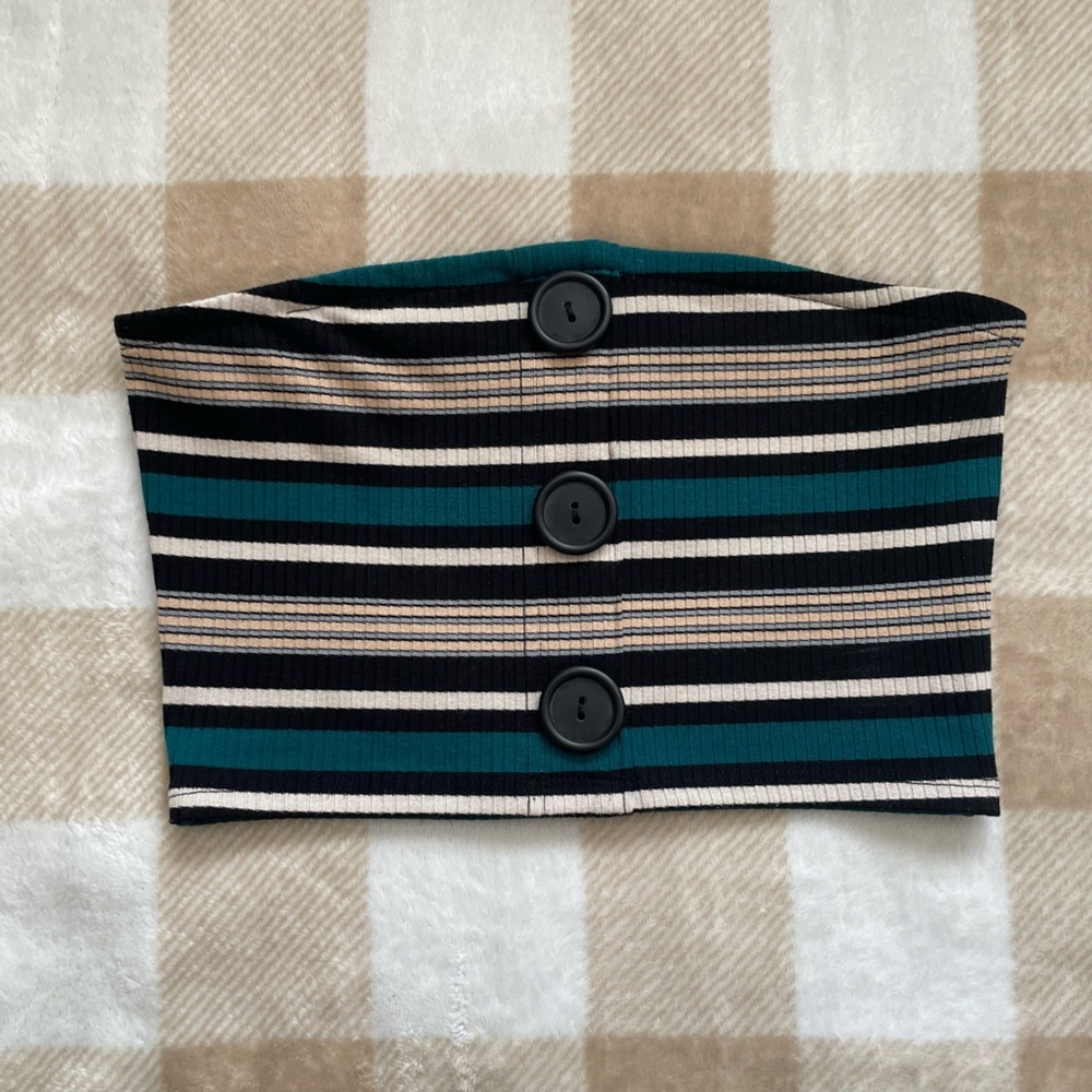 Urban Outfitters Teal, Black, Cream & Tan Striped Button-Front Tube Top Crop Top